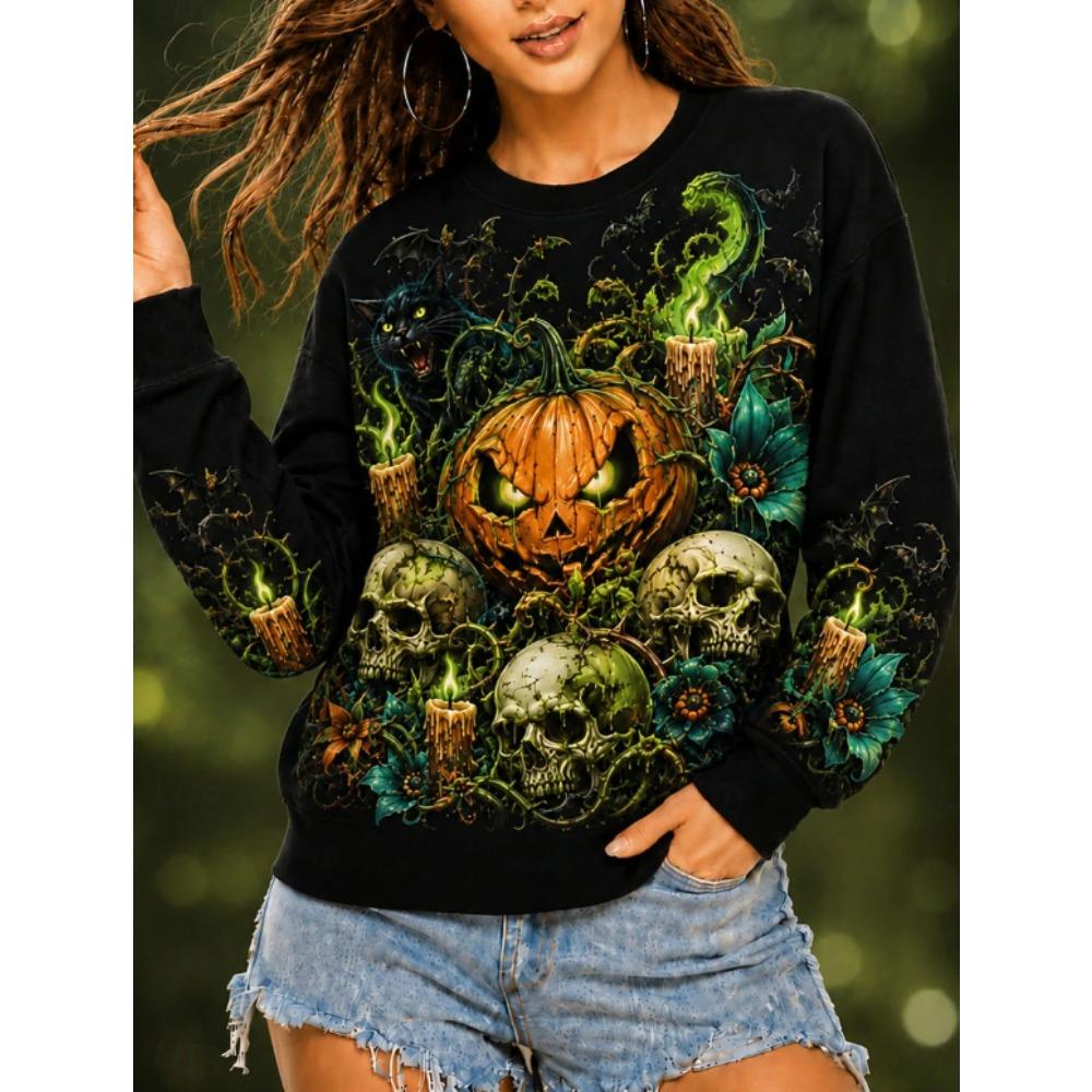 Tops for Women Halloween Print  Round Neck Long Sleeve T-shirt Fall Casual Slim Pullover Women's Long Sleeve Top