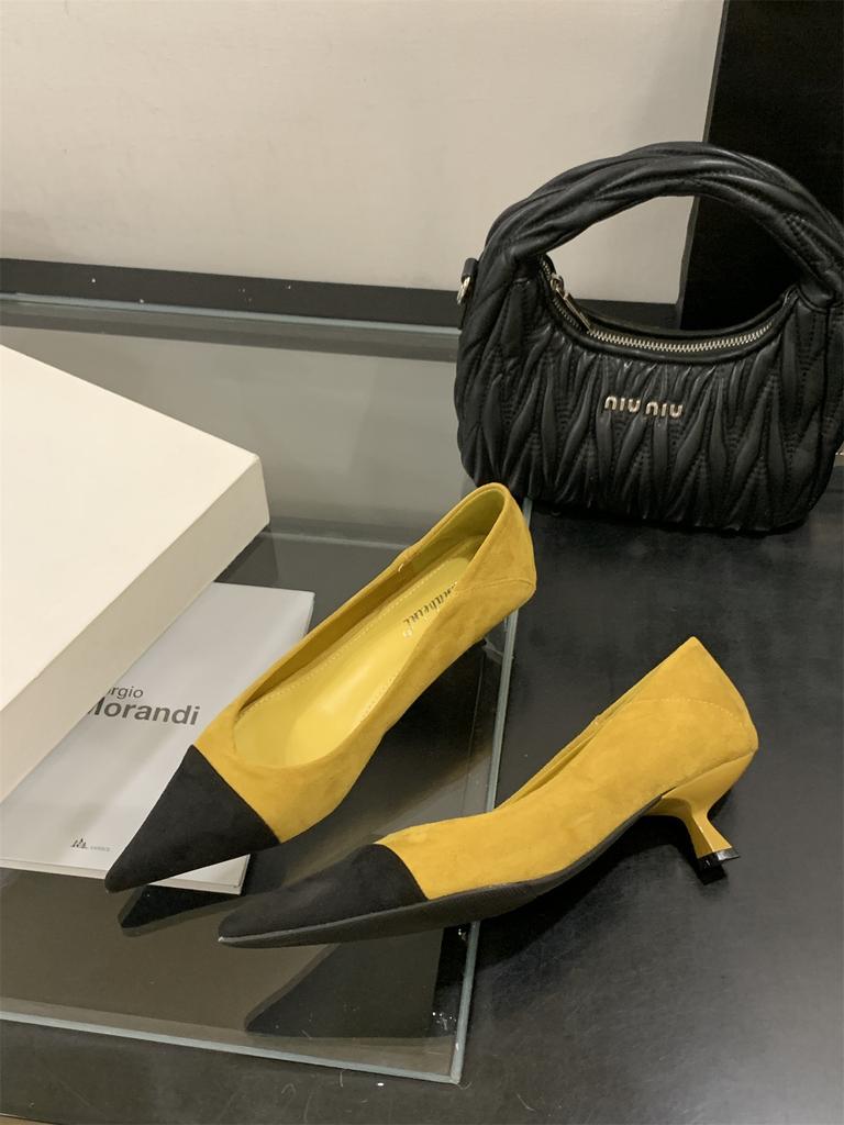 Pointed French Gentle Wind Splicing Stiletto Single Shoes Women's Commuting Shallow Mouth Temperament Kitten Heel High Heels