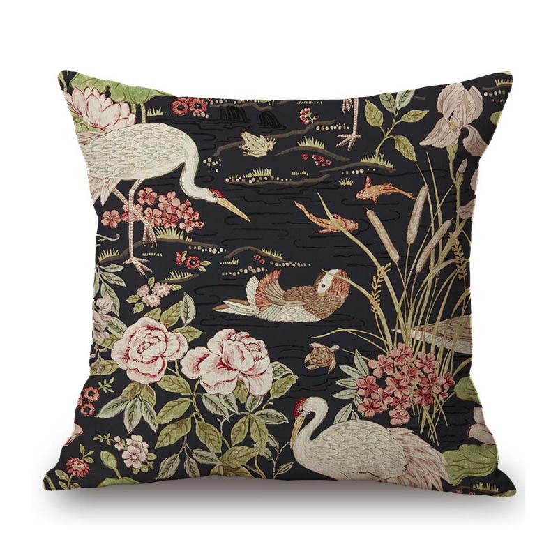Navy Blue Green Red Rose Classic Home Decoration Flower Bird Art Sofa Throw Pillow Case Cotton Linen Square Medium Cushion Cover