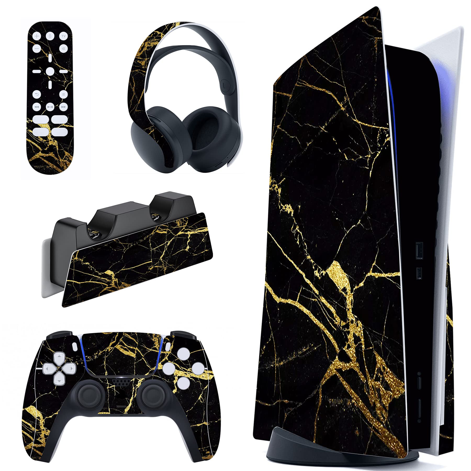 

PlayVital Custom Stickers for PS5 Disc Edition Console, PS5 Controller, Charging Station, Headset, and Media Remote [Black & Gold Marble]