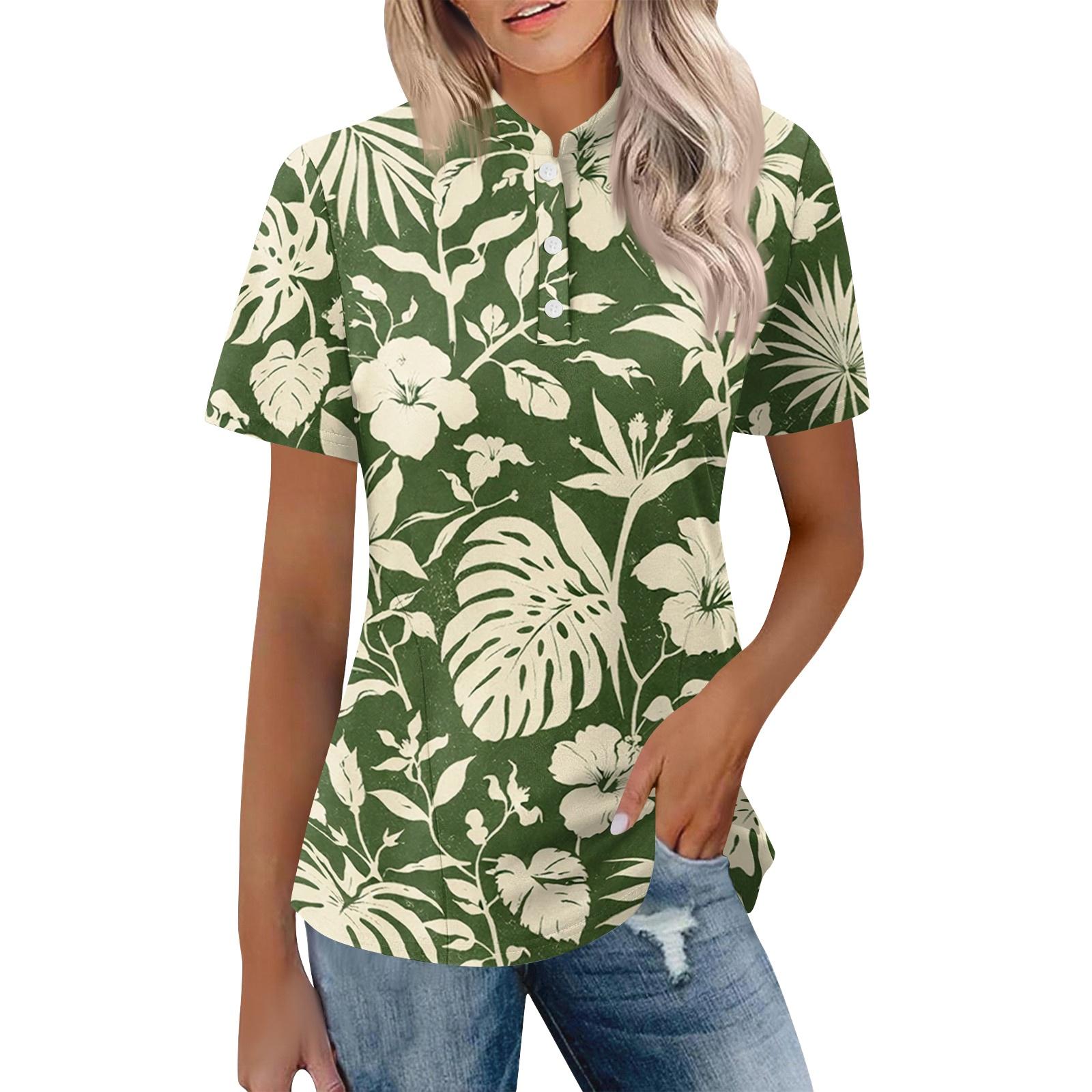 

Women s Casual Polo Collar Short Sleeve Top Loose Fit Tropical Leaf Floral Print Shirt Summer Lightweight Blouse M бежевый