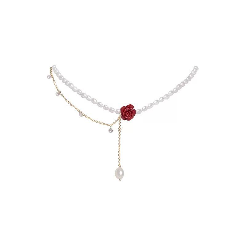 Sweet Rose Pearl Necklace: Women's Light Luxury French Retro Choker Accessory