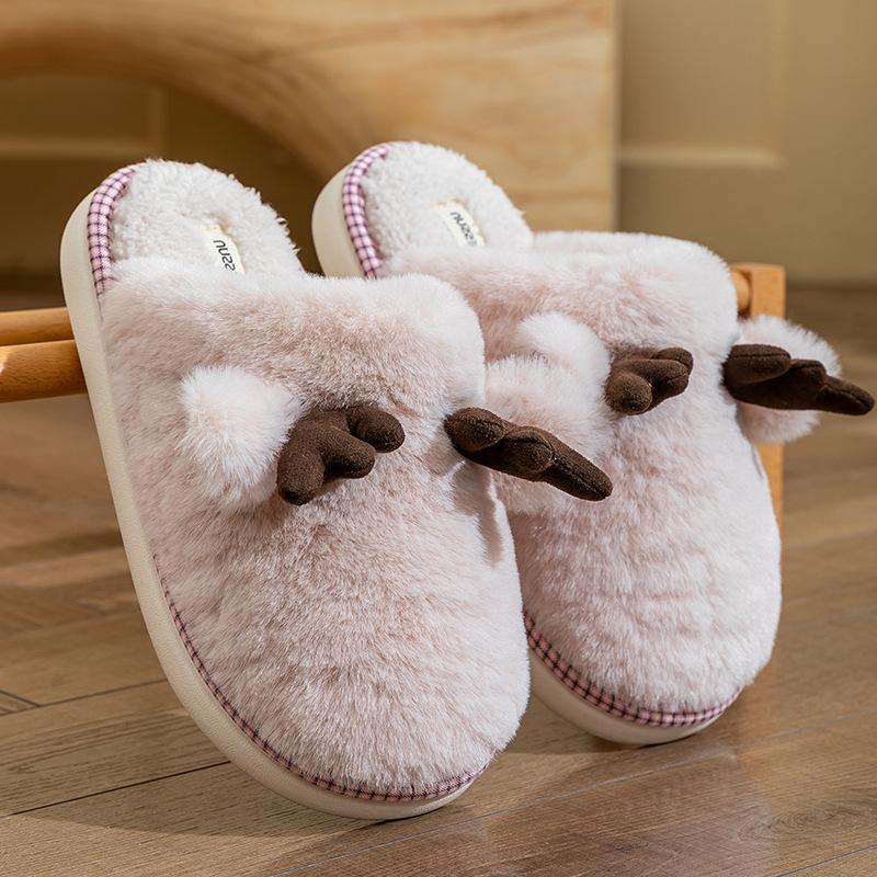 Cute Antlers Plush Cotton Slippers Autumn and Winter Indoor Home Non-slip Silent Plush Warm Couple Floor Mop