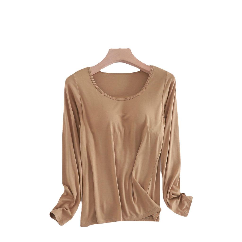 Modal Cup Integrated Long-Sleeve Women's Korean-Style Loose Pajama Top with Chest Pad