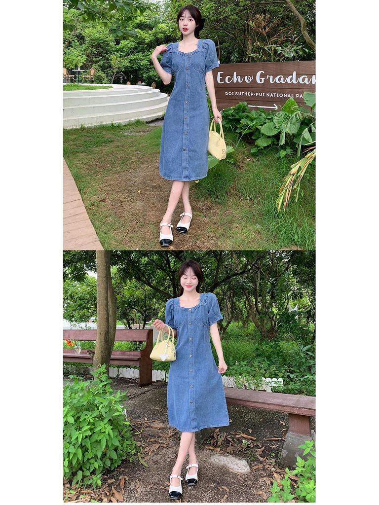 Women's Summer Bubble Sleeve Denim Dress - Age-Defying, Waist-Cinching, Slimming, Large Size.