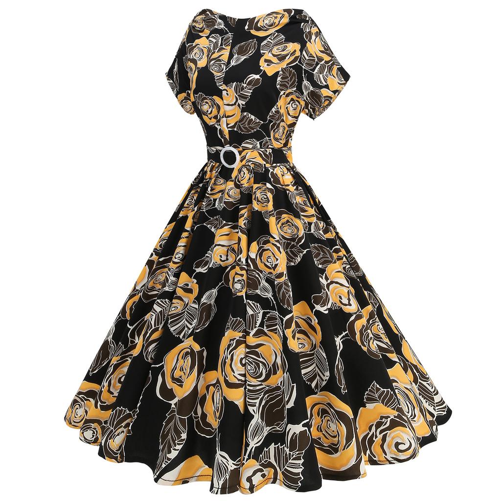 Fashion Women's Casual V-Neck Printed Long Sleeve High Waist Printed Dress