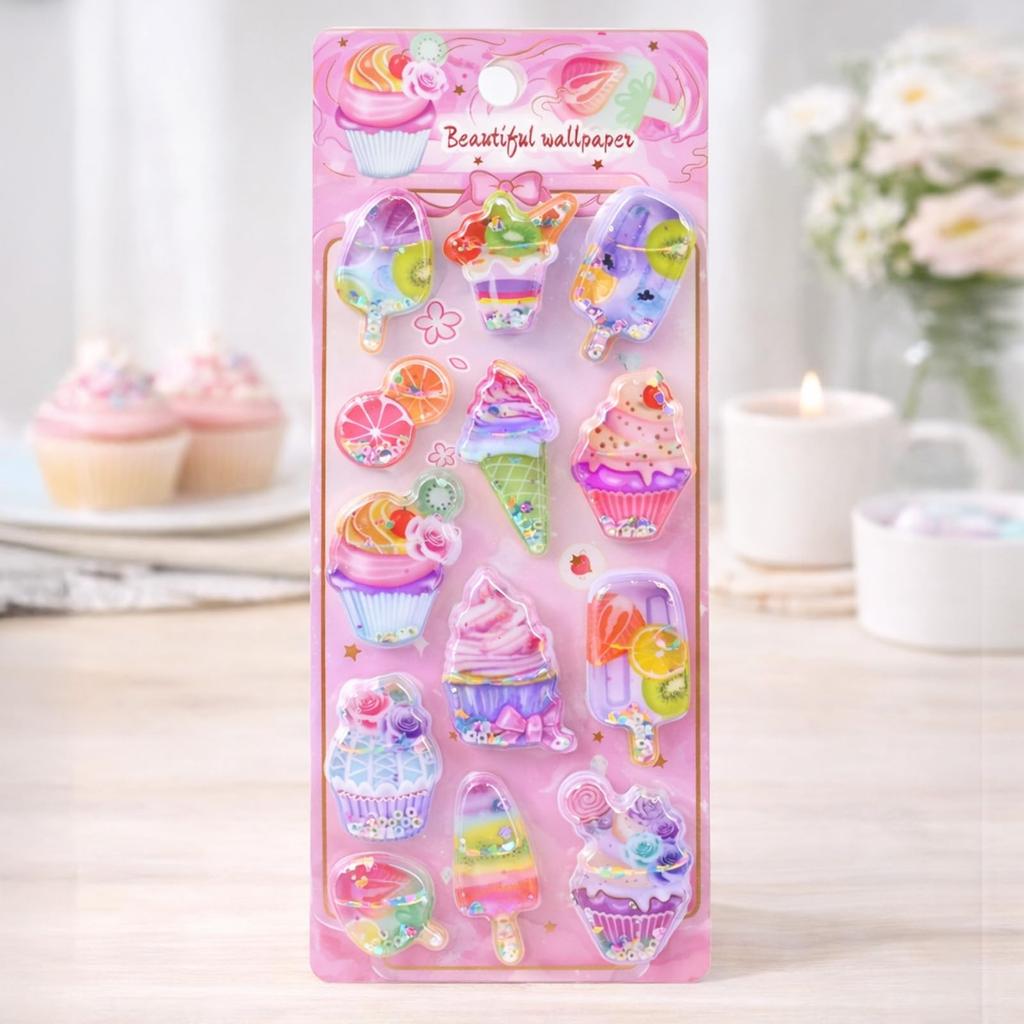 Being Oshiripunipuni Seal Cute Puffy 3D Marshmallow Squishy Sticker Water Seal 4 Sheets Cupcake Pattern