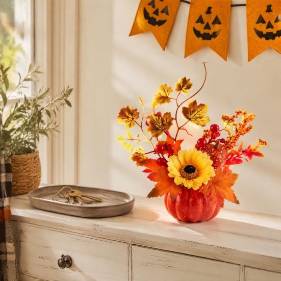 Rustic Autumn Floral Arrangement Fall Artificial Pumpkin Table Centerpiece, Fake Decoration with Sunflowers, Halloween Party Ornament Maple