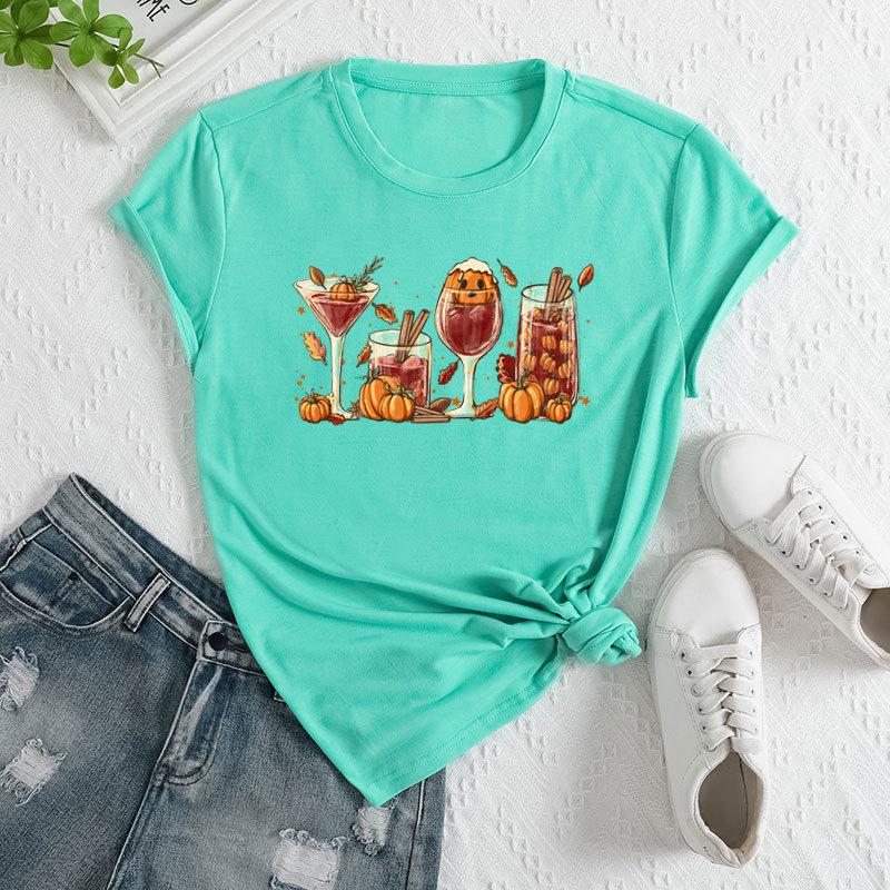 

Летний женский модный повседневный свободный хлопковый топ с круглым вырезом и короткими рукавами с принтом бокала вина 3XL