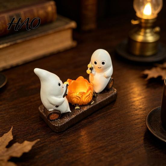 Night Atmosphere Light Base Cute Ghost And Bonfire Figurine, Resin Campfire Ornament for Halloween Tabletop Gift Friends Decor, Cartoon Double Statue