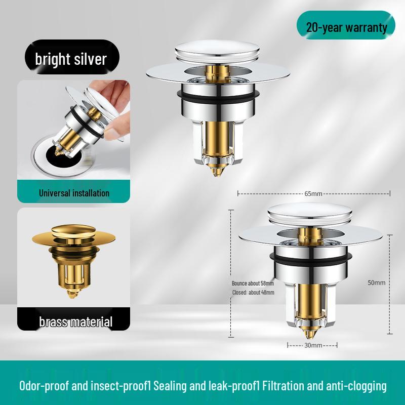 Universal Press-Type Pop-Up Washbasin Stopper Cover, Leak-Proof Core Drain for Countertop Basin
