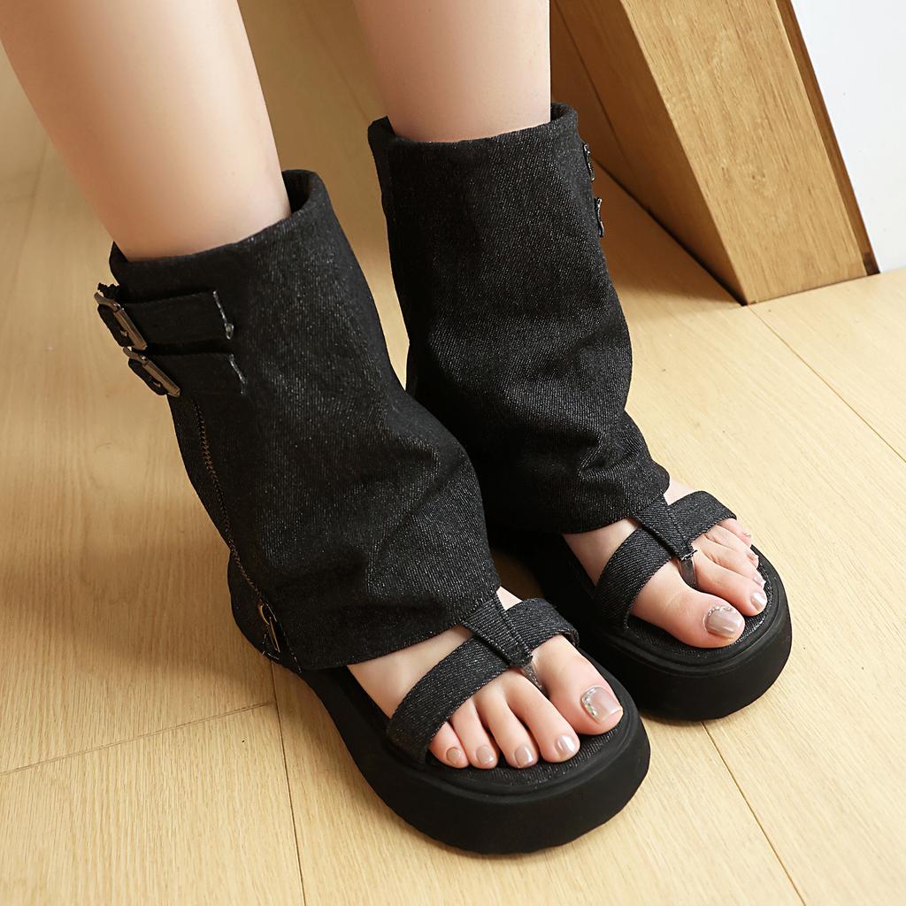 New toe short cowboy boots thick-soled muffin boots casual shoes large size shoes boots