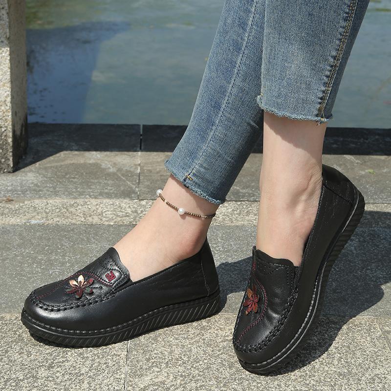 Damen Weiche Kunstleder Freizeitschuhe, Rutschfeste Leichte Slip-on Flats, Bequeme Loafer zum Gehen für Ältere Damen