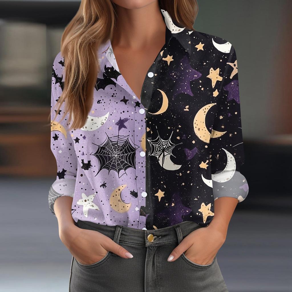 Damen Hemd Bluse Halloween Print Knopf Langarm Lässig Basic Hemdkragen Regulär Top
