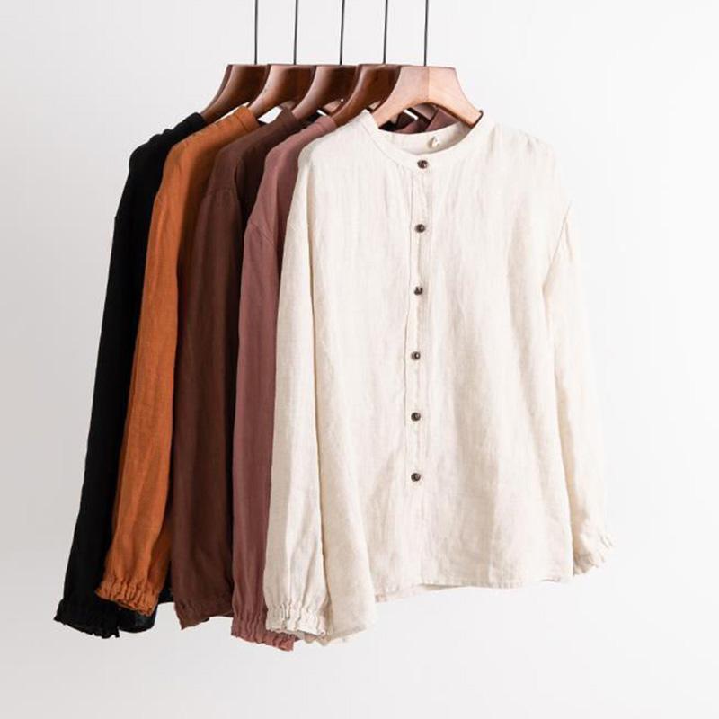 Cotton Linen Shirt Literary and Retro Style Women's Loose Round Neck Shirt Casual Thin Coat Close-up Sleeve Top Spring and Autumn