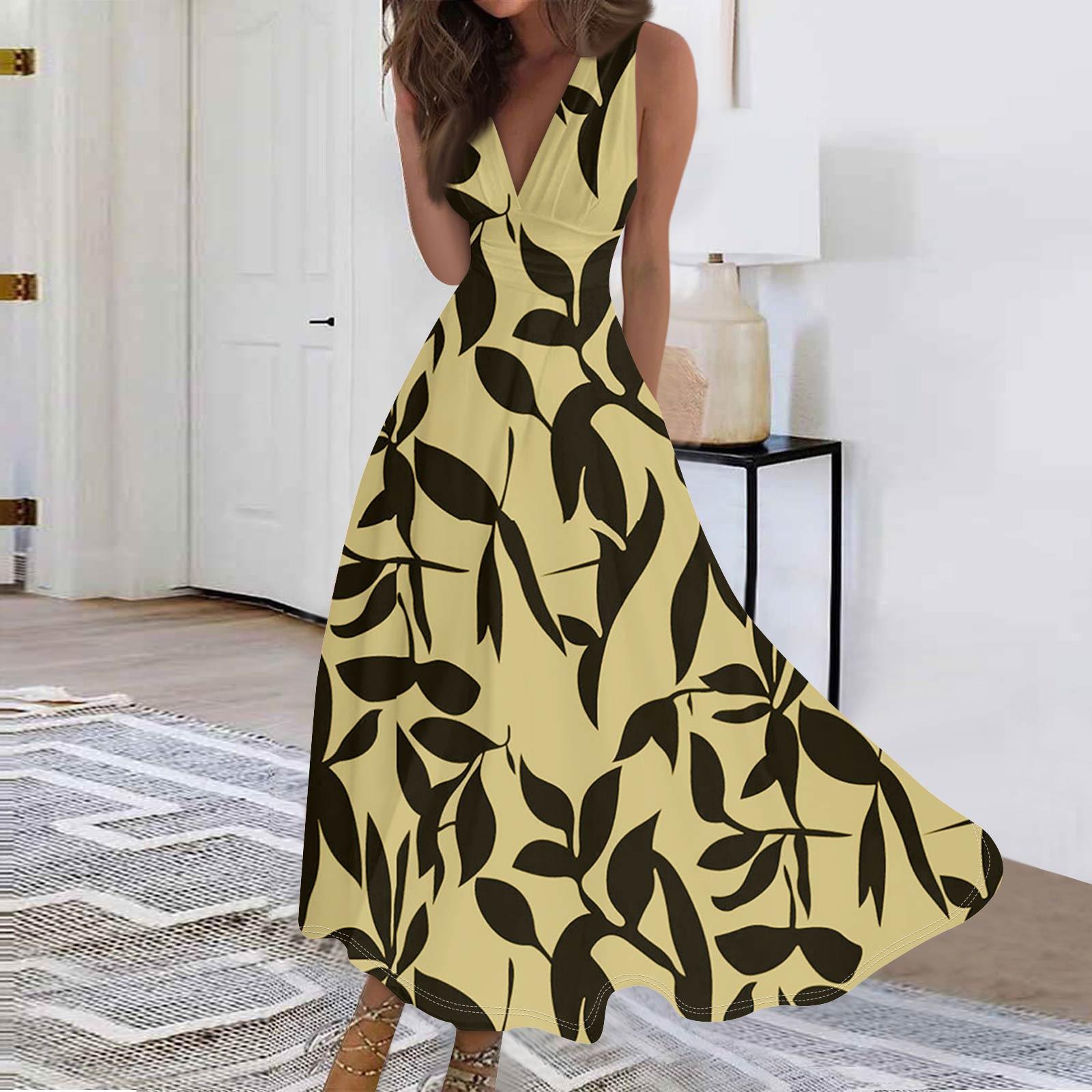 

Женские модные повседневные свободные платья с V-образным вырезом без рукавов с принтом XL жёлтый