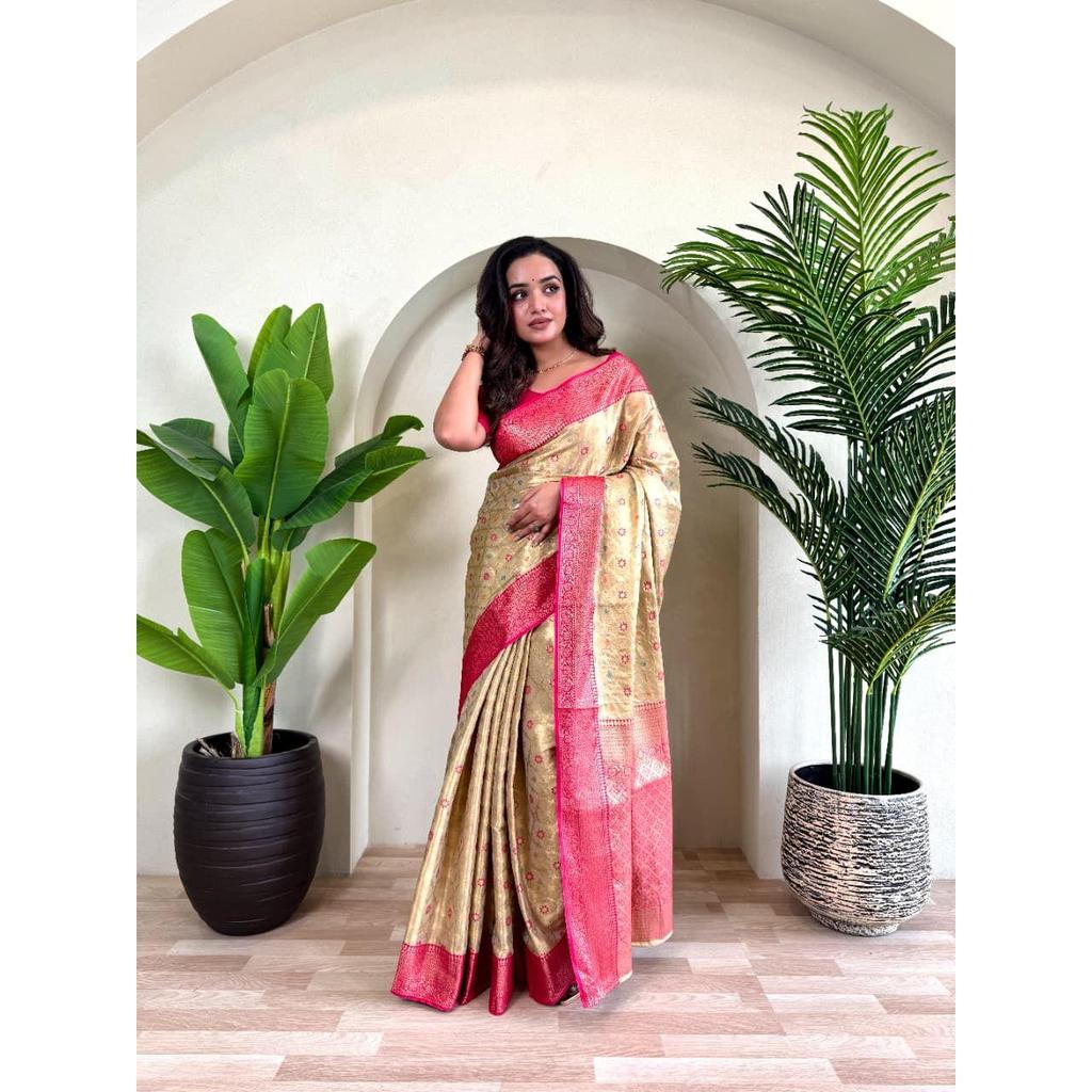 Pure tissue silk saree with zari weaving and meena work with running blouse and elegant jaal on the body.  blouse : contrast as per video
