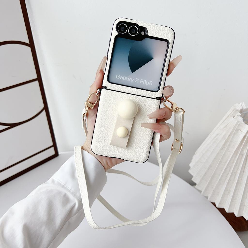 Leather Finger Ring Stand 3pcs Folding Case For Samsung Galaxy Z Flip6 Flip5 Flip4 Flip3 Crossybody Lanyard Shockproof Matte Slim Phone Cover