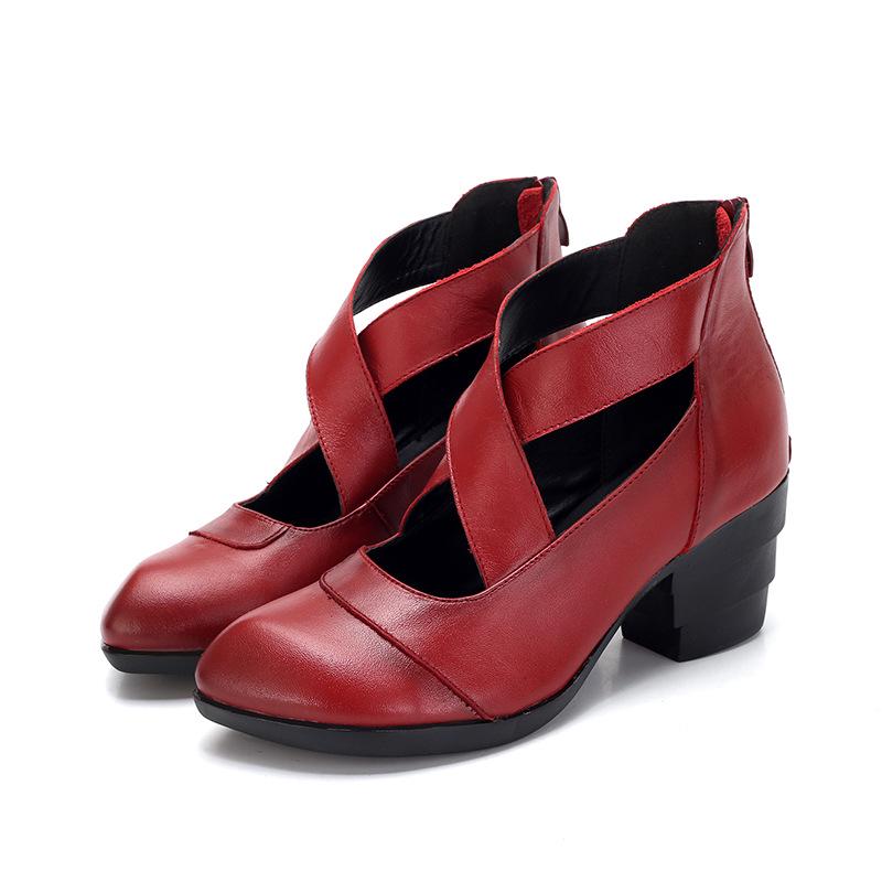 Comemore Genuine Leather Chunky-Heel Women's Sandals Flower High Heels Luxury Summer Sandal for Women 2025 High-heeled Shoes Red