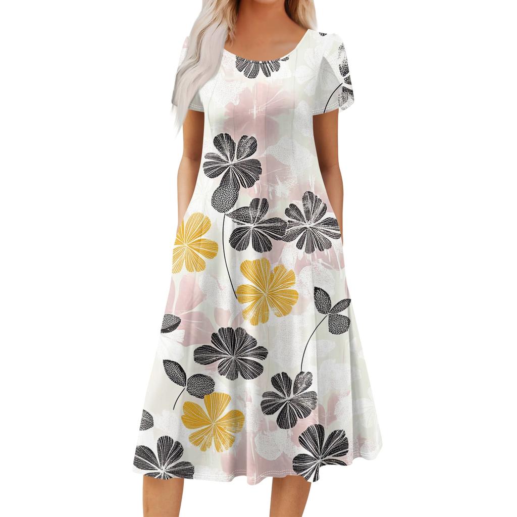 Women's Casual Fashion Round Neck Printed Short Sleeve Pocket Dress