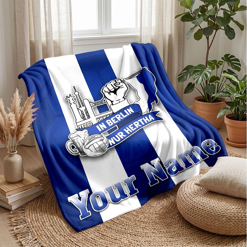 Hertha Bsc Custom Name Text Flannel Blanket Soccer Logo Personalized Fleece Throw Blanket Special Gift For Sofa Bedroom Home