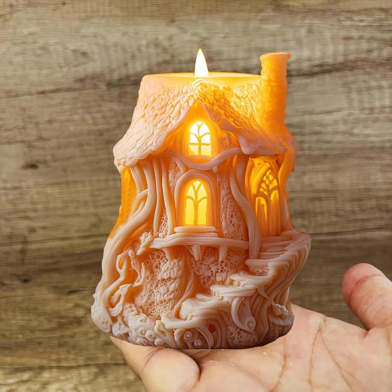 1Pc 3D Treehouse Silicone Mold DIY Elf Tree House Candle Mold Funny Castle Chimney House Resin Concrete Gypsum Mold