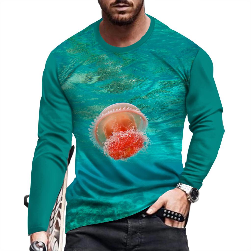 New Ocean Scenery Print Summer Men's Round Neck T-shirt Casual Long Sleeve Oversized T Shirt Fashion Pullover Trend Men Clothing