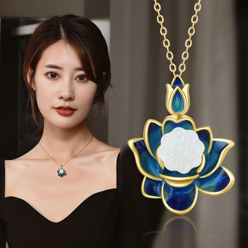 Meier Cloisonné lotus pendant, lotus necklace, enamel jade pendant, retro titanium steel clavicle chain