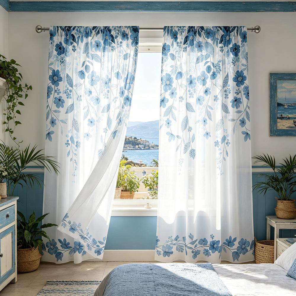 2PCS Blue White Branch Leaf Curtains, Botanical Nature Print, Window Drapes for Living Room Bedroom Home Decor