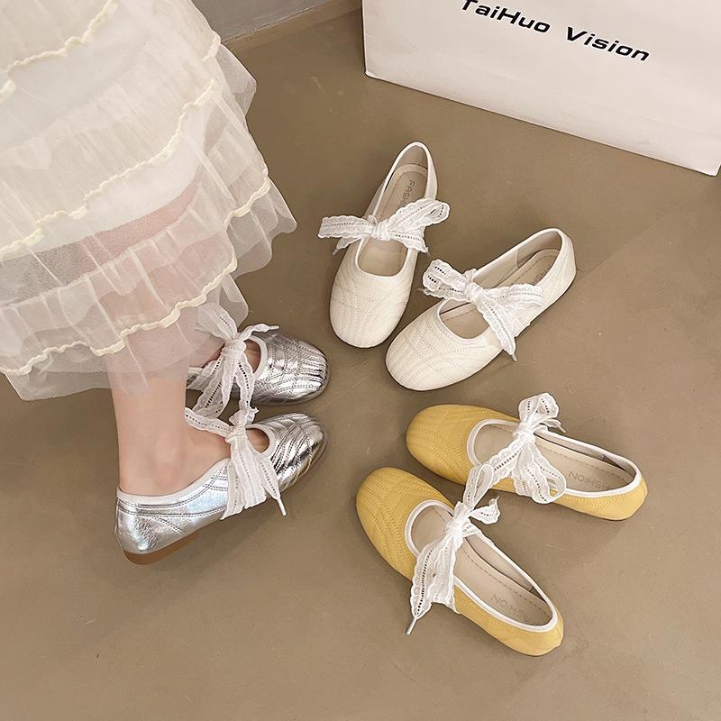 Silver Ballet Style Round Head Inner Height Increase Flat Bottom Shallow Mouth Single Shoes Women's Summer New Versatile Mary Jane Shoes