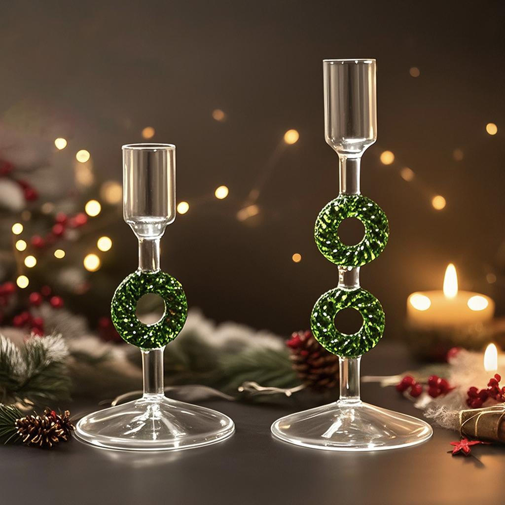 3 Piece Set Glass Candle Holders Christmas Tree Design Handblown Borosilicate for Taper Candles Stable Base Holiday Decor