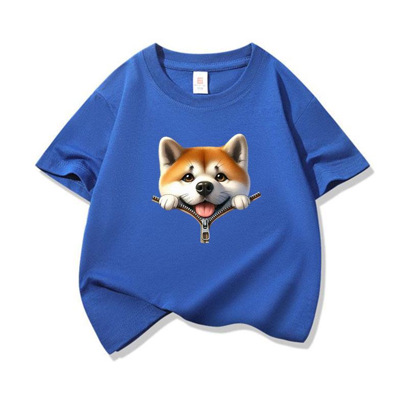 Kids Pure Cotton T Shirt Adorable Dog Zipper Print Crew Neck Short Sleeve Tee Casual Breathable Boys Girls Summer Tops