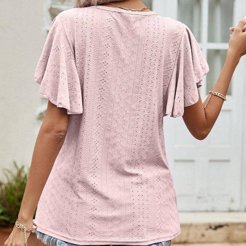 Butterfly Sleeve Loose Women T-Shirt 2023 Summer Solid Hollow Ruffled Casual Tshirts Woman Fashion Round Neck Tees Tops 25978