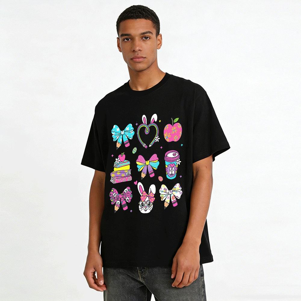 Cute Rabbit Bow Print Top School Style Apple Book Graphic T-Shirt Pure cotton T-shirt