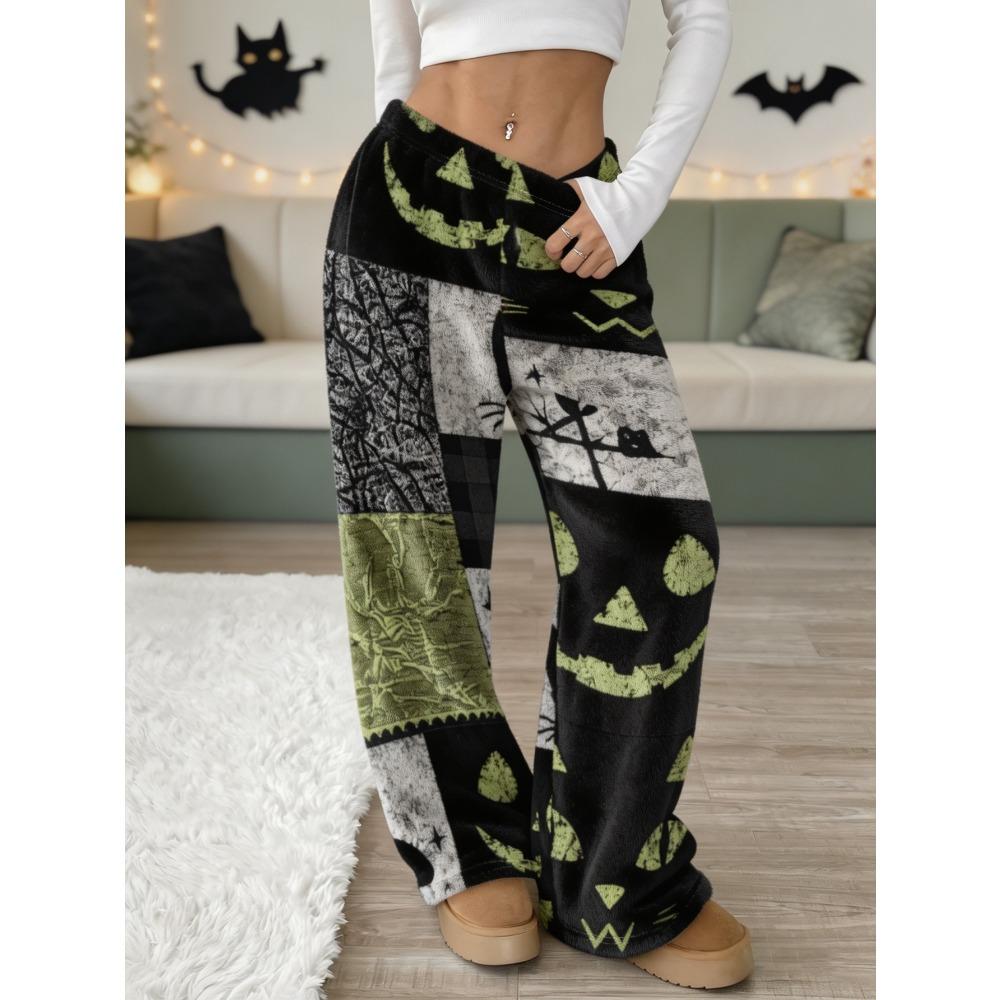 Black and green cat pumpkin ghost Halloween splicing print, women's autumn and winter velvet thermal pants