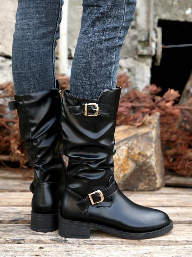Fashion Black Chunky Heel Knight Boots Fashion and Versatile Soft Leather Mid-heel Mid-leg Boots