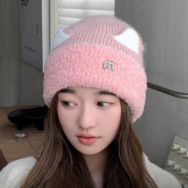 Autumn and Winter Hat for Women Sweet and Cute M-label Cat Ear Plush Hat  Versatile Cold Proof Pullover Hat  Outdoor Knit Hat