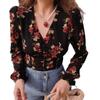 2026 Spring-Autumn Elegant Floral V-Neck Puff Sleeve Short Top for Women