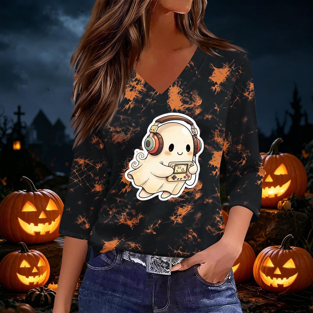 Women's Casual V-Neck Three-Quarter Sleeve Top with Halloween Print