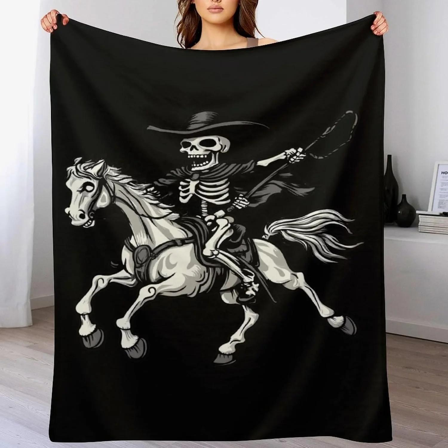 Skeleton Riding Horse Throw Blanket Pop Art Print Perfect Gift for Couch Flowers Lovers All Season Use 75X95CM
