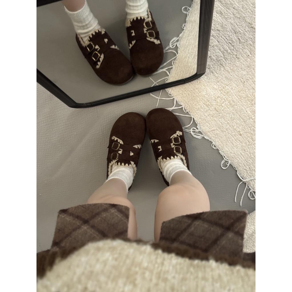Retro velvet two wear inner heightening thick sole all-inclusive Birkenstocks, women's autumn and winter outer wear thermal cotton shoes