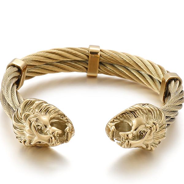 Gotisch Goldfarbe Edelstahl Wolf Löwenkopf Offener Armreif Manschettenarmband für Mann Herren Männlich am Handgelenk Schmuck Zubehör