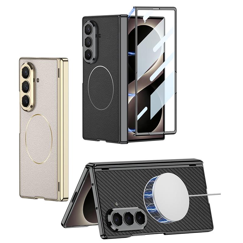 For Samsung Galaxy Z Fold 8 Ultra 5G Case Luxury Matte Leather Electroplate Magnetic Wireless Charging Hinge Tempered Film Cover