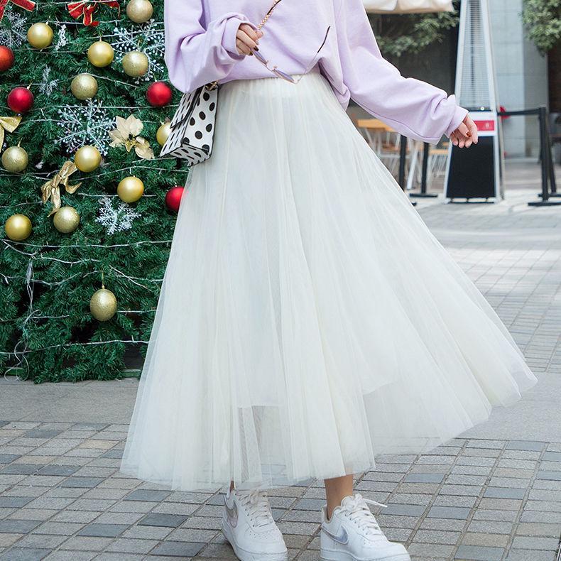 

720° Юбка для танцев из сетки А-силуэта: Высокая талия, корейский стиль, свободный крой средней длины. One Size (40-70 kg)