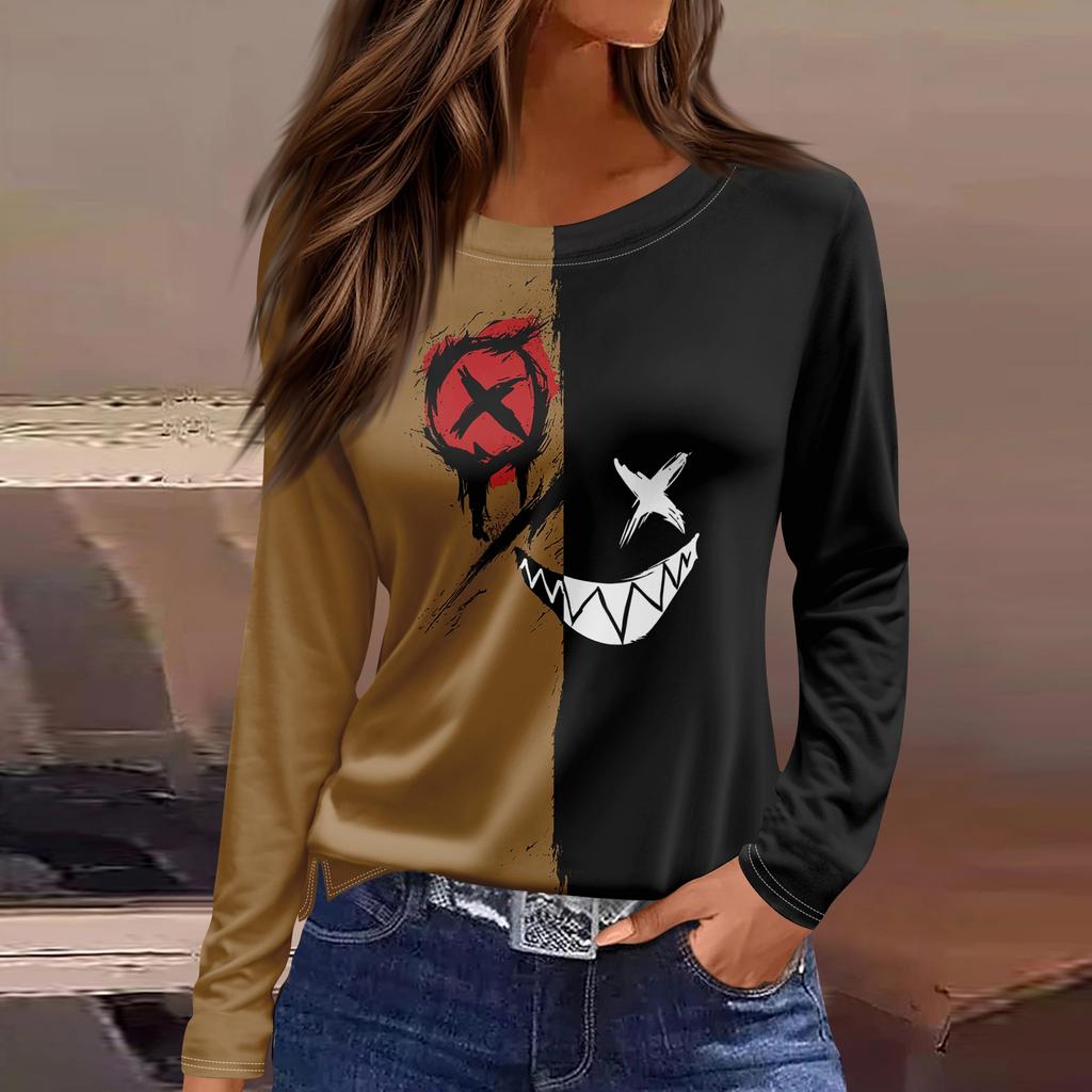 Women's Halloween Print Long Sleeve Round Neck Casual Top with Side Slit