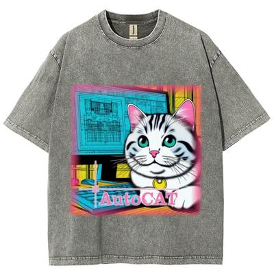 Water Wash vintage retro T-shirt grote ogen schattige cartoon kat print zomer heren en dames Los kort mouw