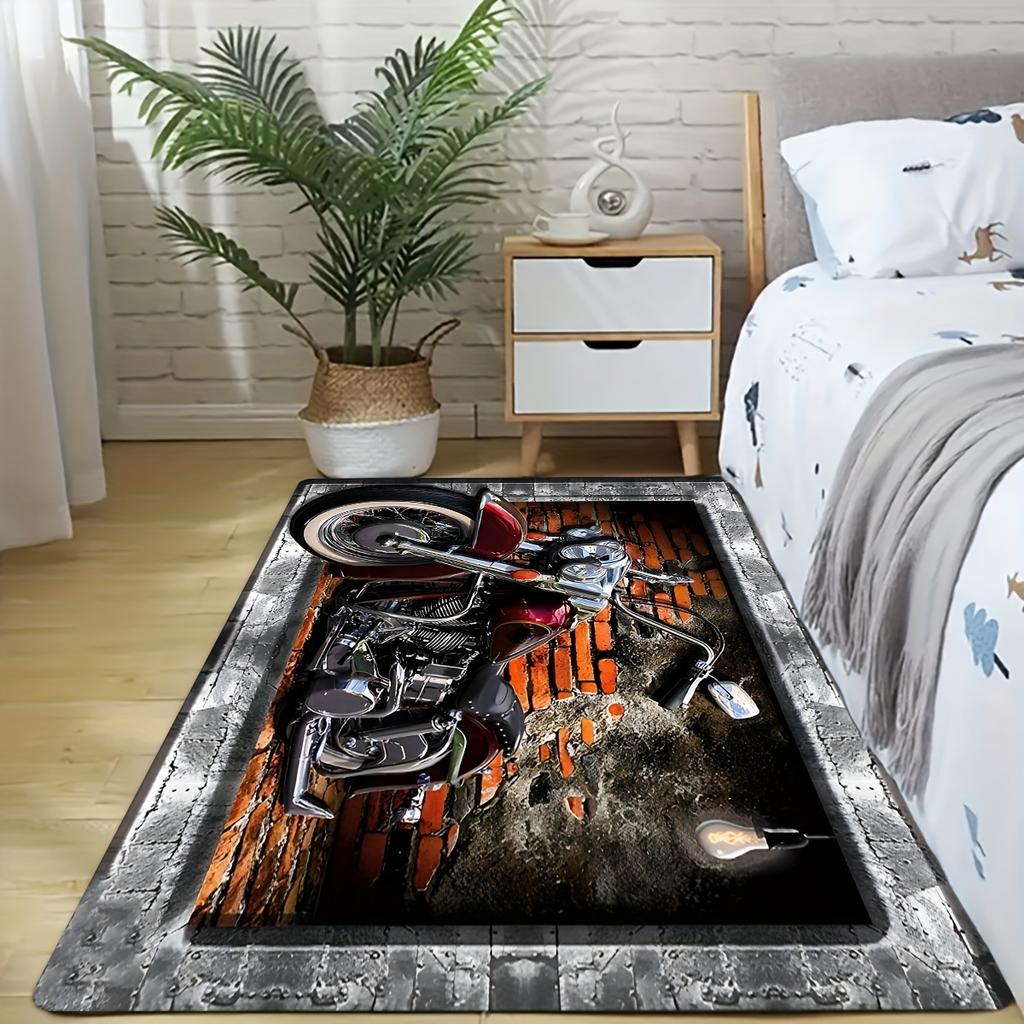 Vintage Motorcycle Bath Mat – Fade-Resistant Flannel Rectangular Rug for Bathroom Decor