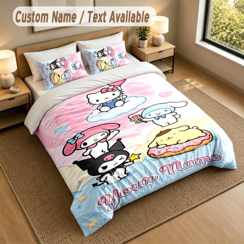 3Pcs Bedding Set Custom Name Text, 1 Sheet 2 Pillowcases Home Bed DecorHello Kitty