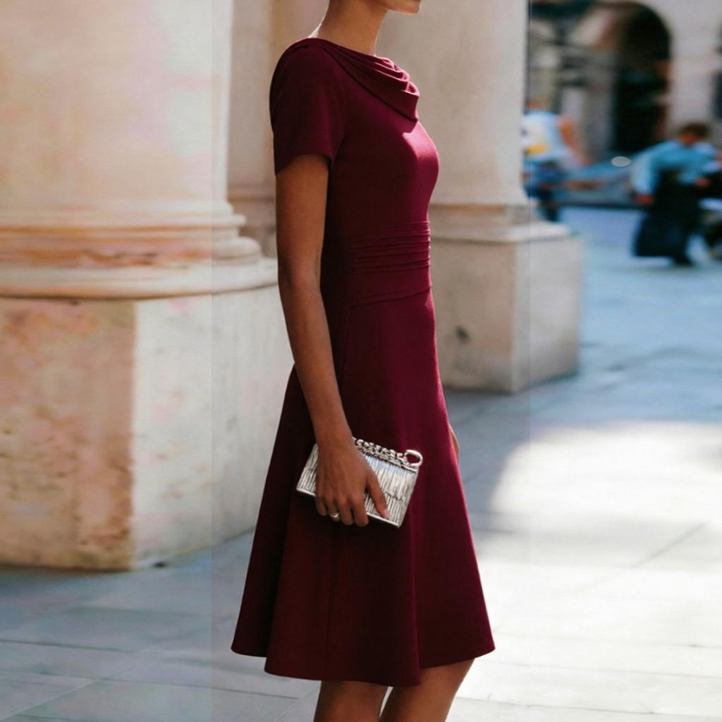 Women's Fashion Short Sleeve A-Line Dress with Draped Cowl Neck Elegant Casual Knee Length Dress for Daily Wear and Special Occasions