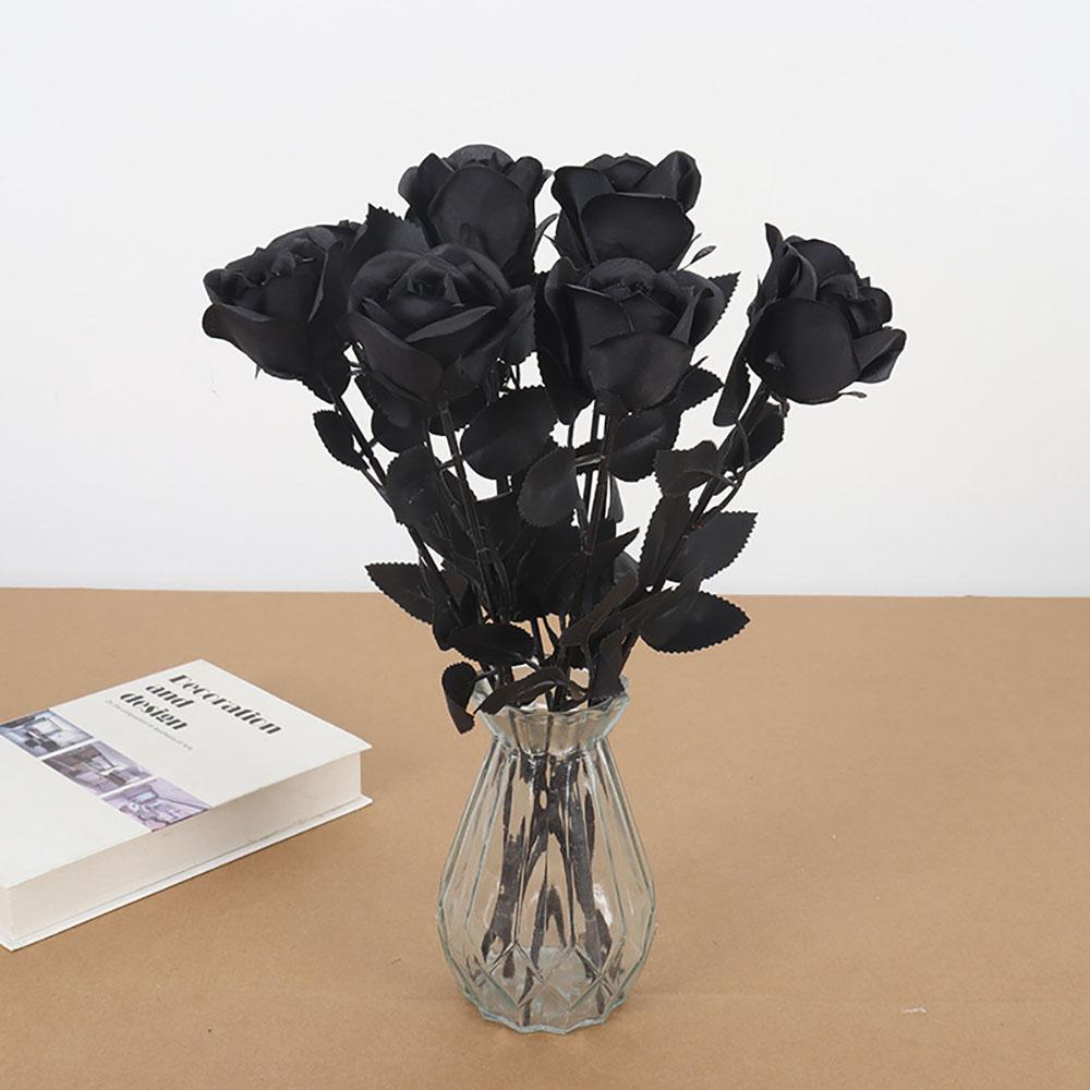 Black Artificial Rose Flowers Halloween Dark Horror Gothic Black Simulated Flower Bouquet for Home Wedding Party Halloween Decor